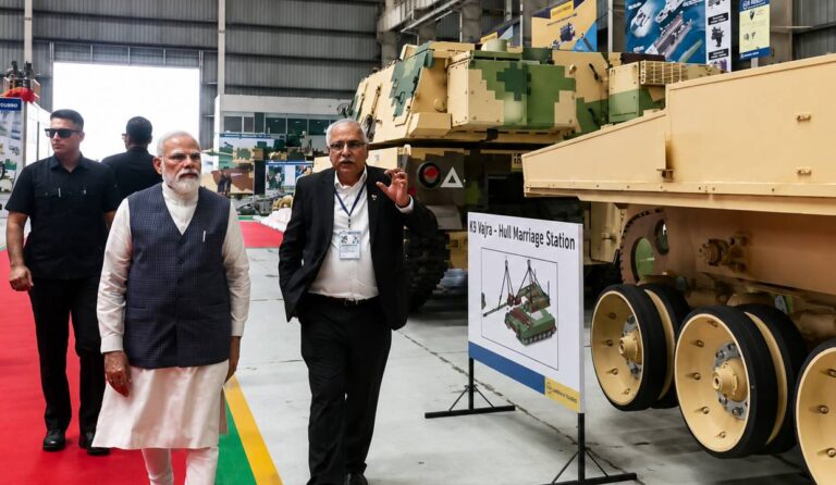 PM Modi visits L&T Hazira unit. Reviews India’s defence capabilities including Zorawar tank